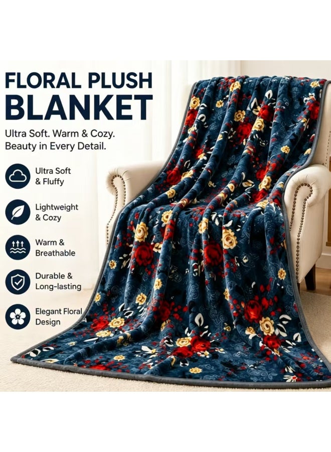 Blue blanket with red floral pattern, perfect for naps. Comfortable and breathable. Size: 160x220cm. Suitable for living room, sofa, bedroom, and home décor. - Image 3