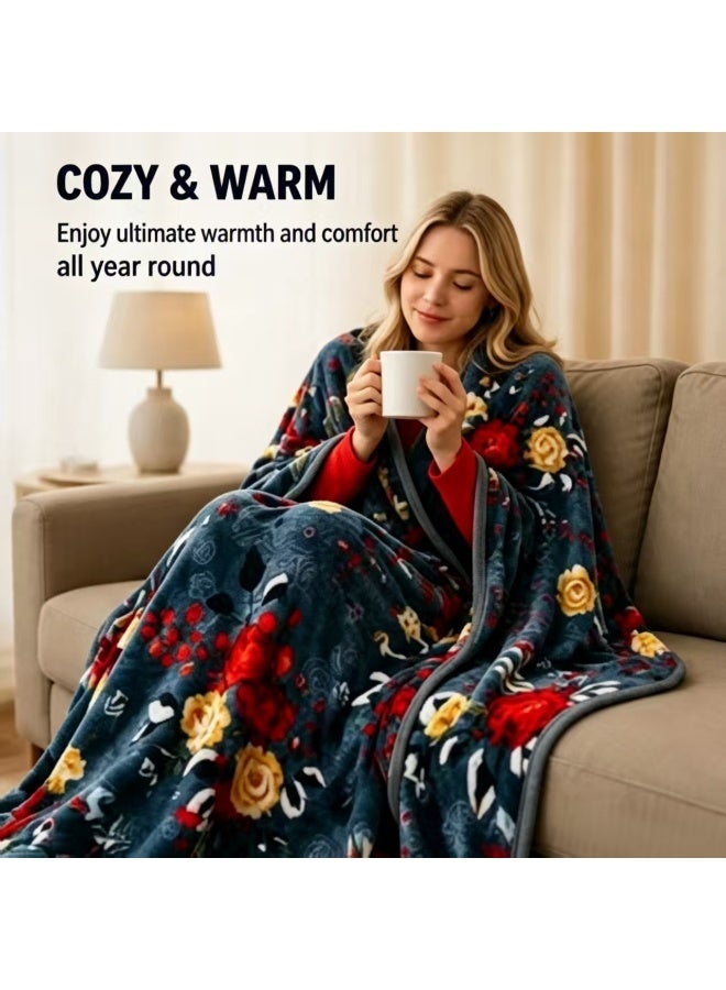 Blue blanket with red floral pattern, perfect for naps. Comfortable and breathable. Size: 160x220cm. Suitable for living room, sofa, bedroom, and home décor. - Image 4