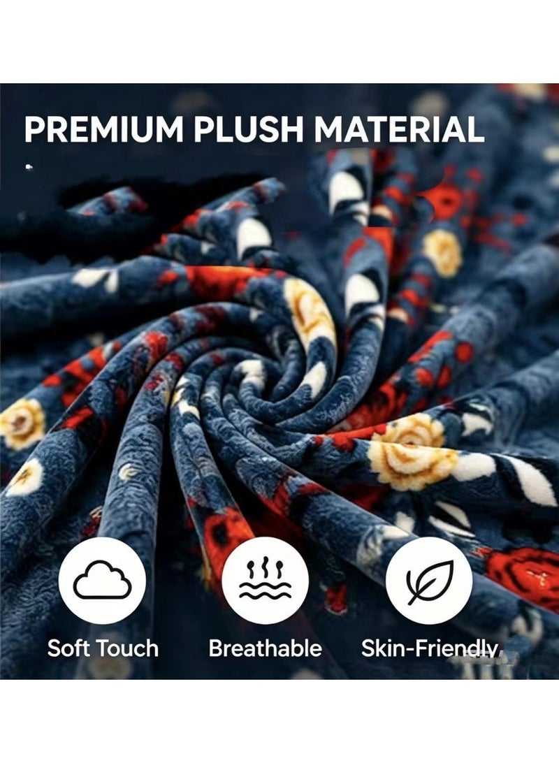 Blue blanket with red floral pattern, perfect for naps. Comfortable and breathable. Size: 160x220cm. Suitable for living room, sofa, bedroom, and home décor. - Image 5