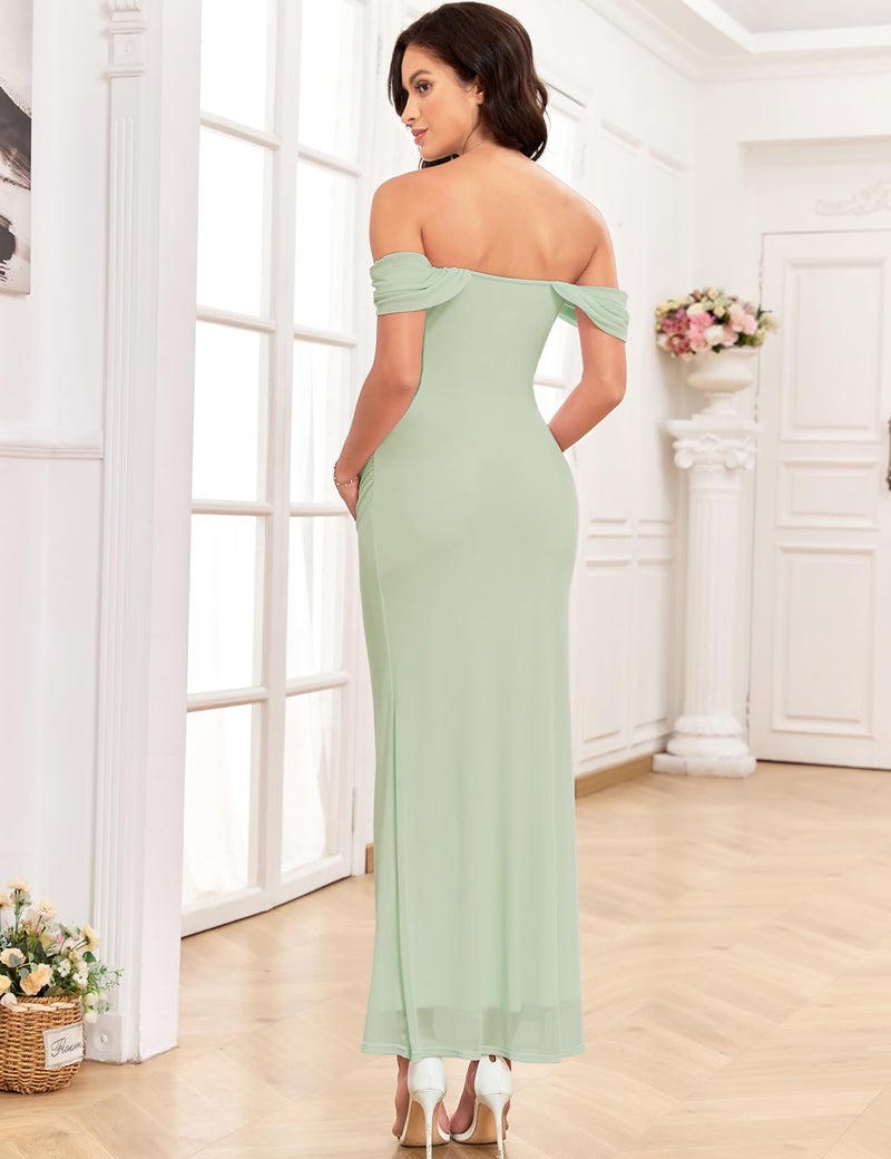 AISWI Women's Maternity Off The Shoulder Maxi Dress Mesh Ruched Bodycon Pregnancy Dresses Baby Shower Photoshoot, Green, Medium - Image 2