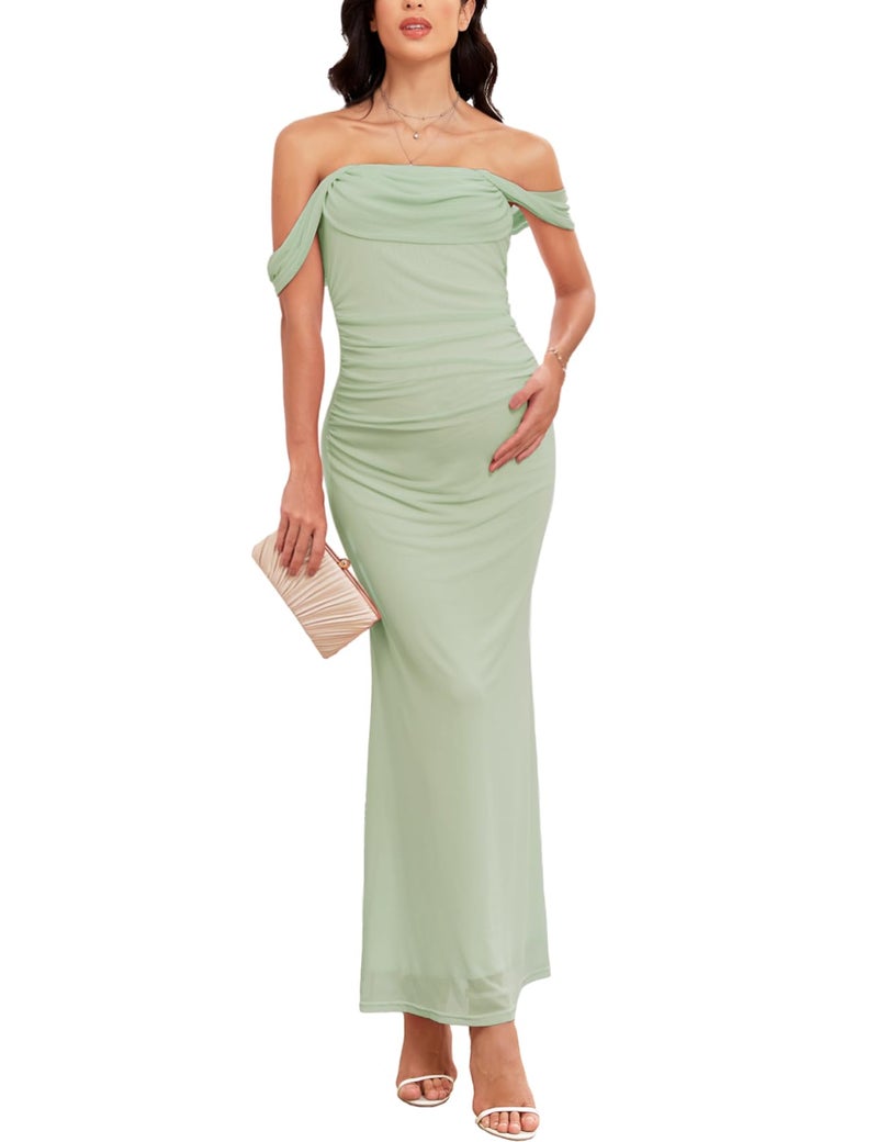 AISWI Women's Maternity Off The Shoulder Maxi Dress Mesh Ruched Bodycon Pregnancy Dresses Baby Shower Photoshoot, Green, Medium - Image 1