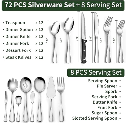 CEKEE 80 Pieces Silverware Set with Serving Utensils Set, CEKEE Stainless Steel Flatware Set for 12 with Steak Knives, Heavy Duty Cutlery Set, Kitchen Utensil Sets for Home Restaurant, Dishwasher Safe - Image 2