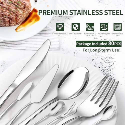 CEKEE 80 Pieces Silverware Set with Serving Utensils Set, CEKEE Stainless Steel Flatware Set for 12 with Steak Knives, Heavy Duty Cutlery Set, Kitchen Utensil Sets for Home Restaurant, Dishwasher Safe - Image 3