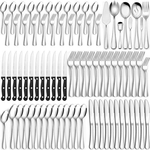 CEKEE 80 Pieces Silverware Set with Serving Utensils Set, CEKEE Stainless Steel Flatware Set for 12 with Steak Knives, Heavy Duty Cutlery Set, Kitchen Utensil Sets for Home Restaurant, Dishwasher Safe - Image 1