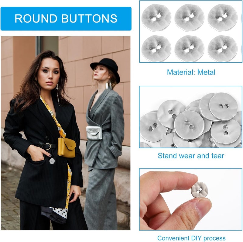 Lurrose 50 Pcs Silver Round Metal Buttons 2 Holes for Sewing Craft DIY, Sturdy Shirt and Coat Fasteners, for Clothing Decoration and Accessories - Image 2