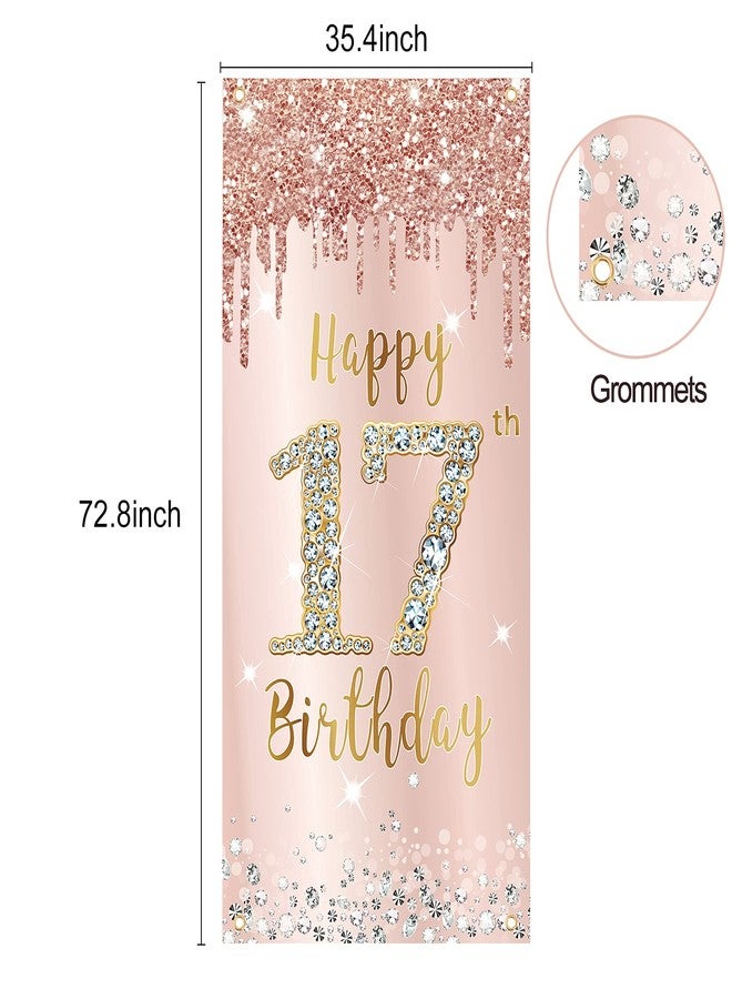 Excelloon Happy 17th Birthday Door Banner Decorations for Girls, Pink Rose Gold 17 Birthday Door Cover Backdrop Party Supplies, Large Seventeen Year Old Birthday Poster Sign Decor - Image 2