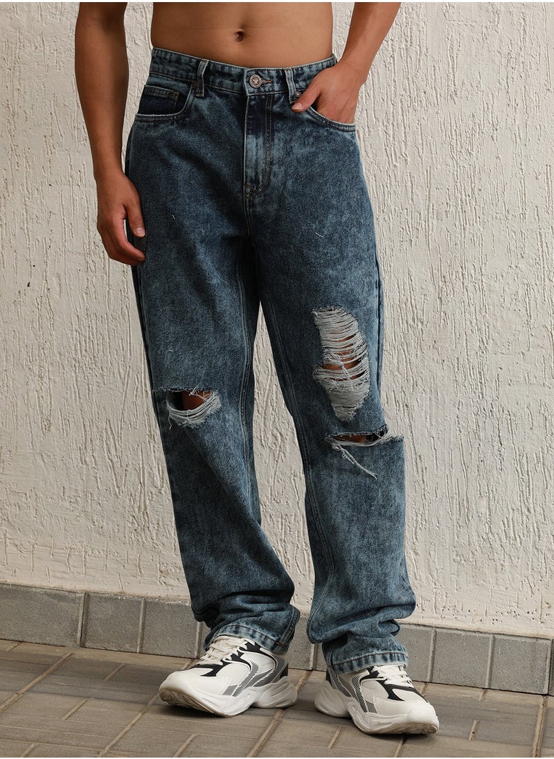 Hubberholme Indigo Straight Fit Highly Distressed Light Fade Jeans for Men  - Image 1