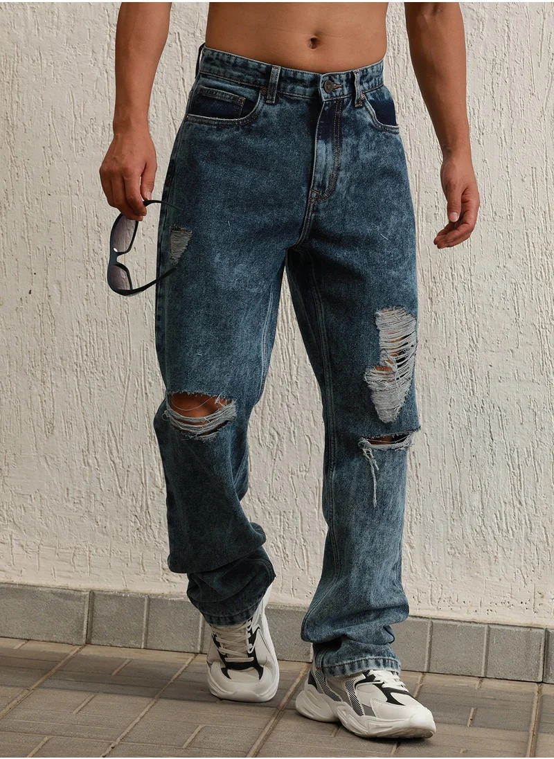 هوبرهولمي Indigo Straight Fit Highly Distressed Light Fade Jeans for Men