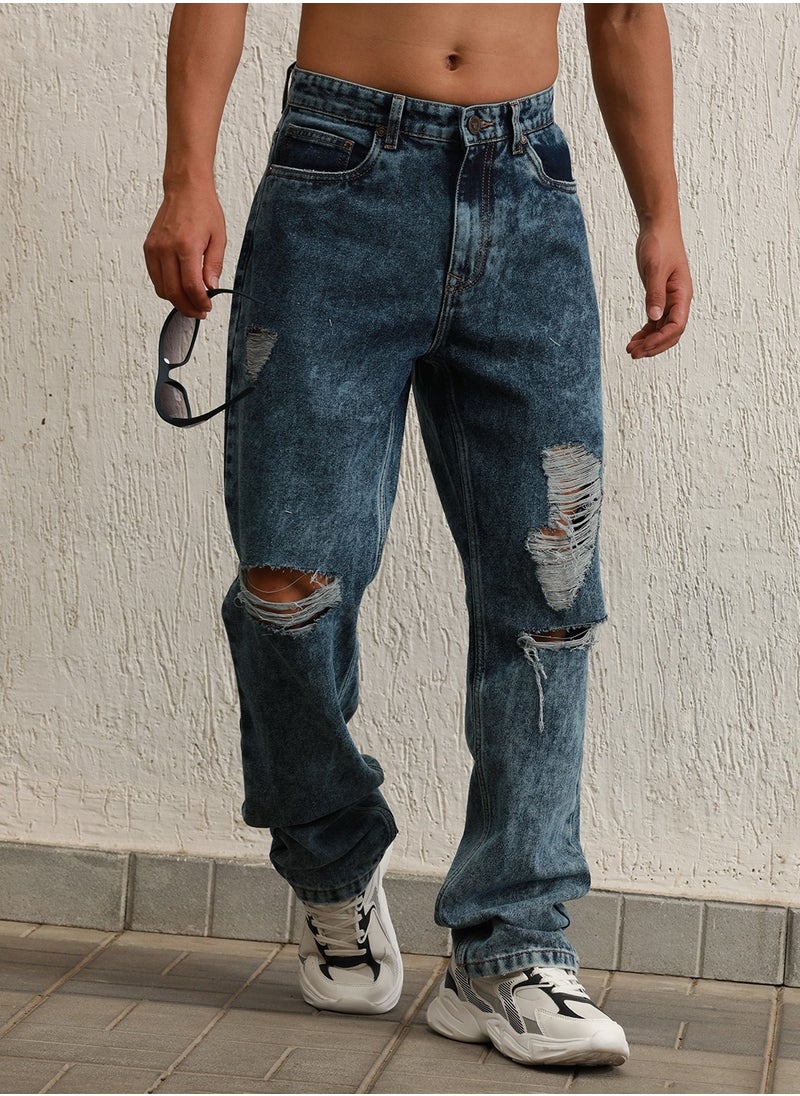 Hubberholme Indigo Straight Fit Highly Distressed Light Fade Jeans for Men  - Image 2