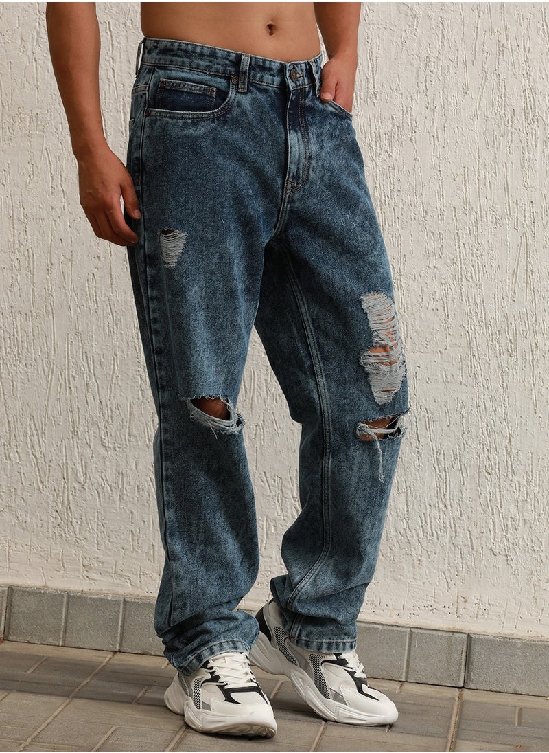Hubberholme Indigo Straight Fit Highly Distressed Light Fade Jeans for Men  - Image 3