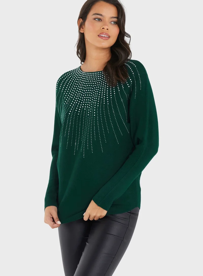 QUIZ Round Neck Printed Sweater