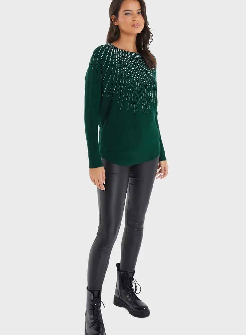 QUIZ Round Neck Printed Sweater