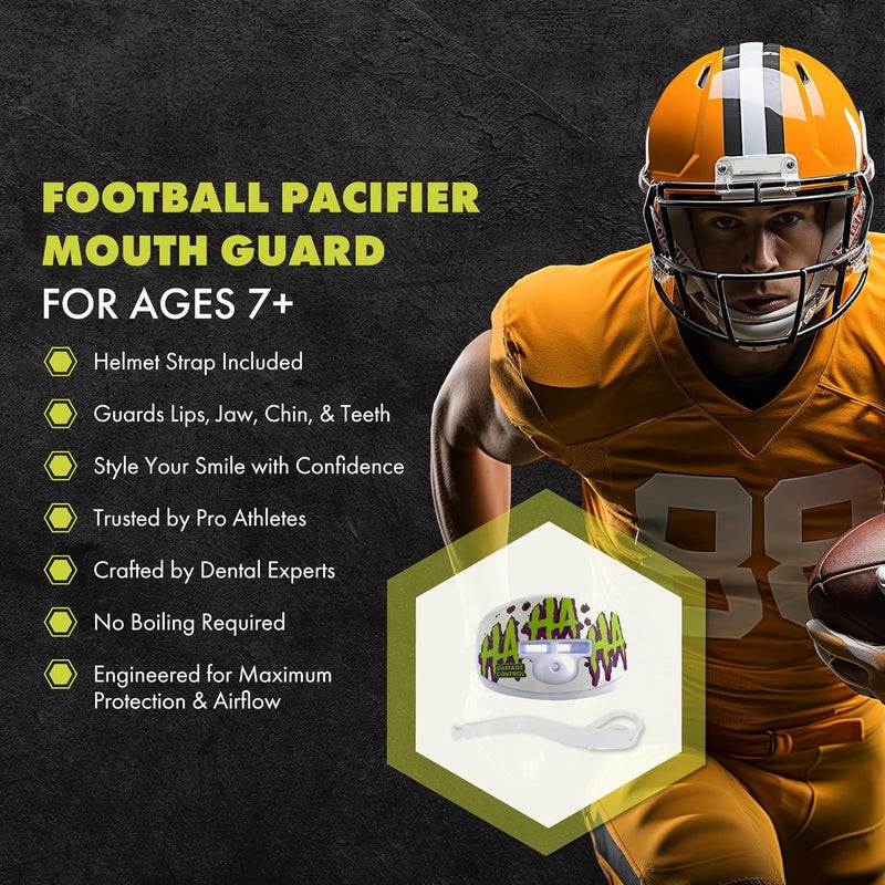 DAMAGE CONTROL Pacifier Mouthpiece – Football Mouthguard with Helmet Strap, Protects Teeth, Jaw & Mouth – Mouth Piece for Sports, No Boiling, Allows Airflow – Gear for Adults & Youth (HA HA HA) - Image 2