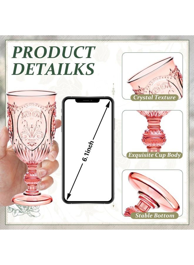 Wiwiqing 6 Pcs Plastic Goblets 7.5oz Vintage Goblet Plastic Wine Glasses Colored Retro Embossed Water Goblets for Wine Bar Juice Baby Shower Wedding Reception Grand Event Party (Pink) - Image 3
