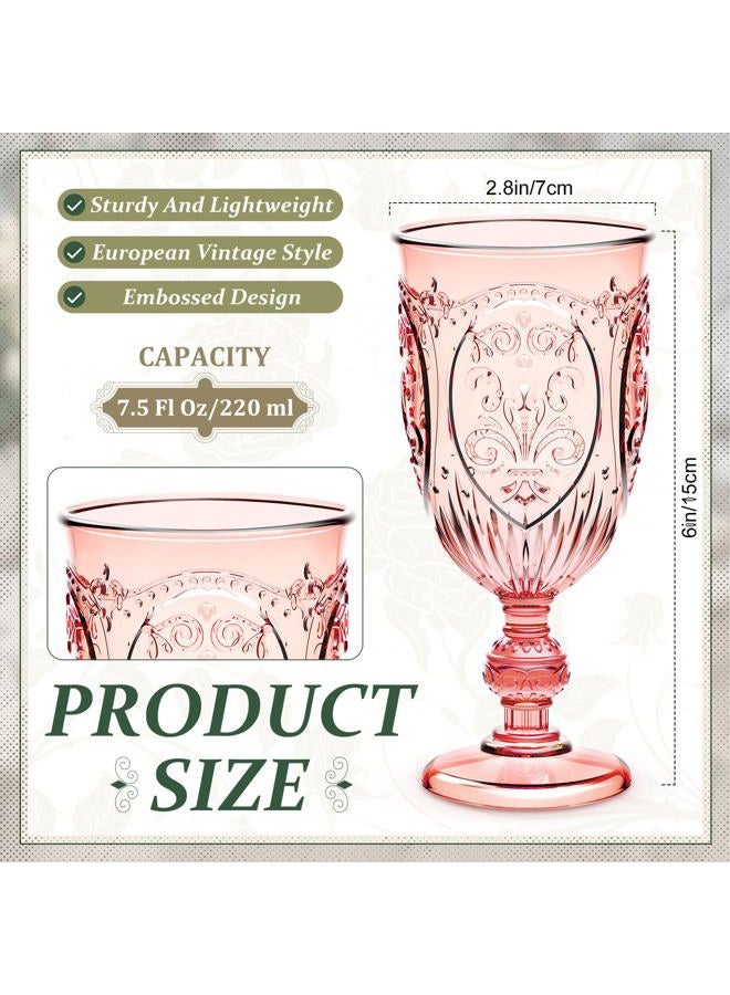 Wiwiqing 6 Pcs Plastic Goblets 7.5oz Vintage Goblet Plastic Wine Glasses Colored Retro Embossed Water Goblets for Wine Bar Juice Baby Shower Wedding Reception Grand Event Party (Pink) - Image 2