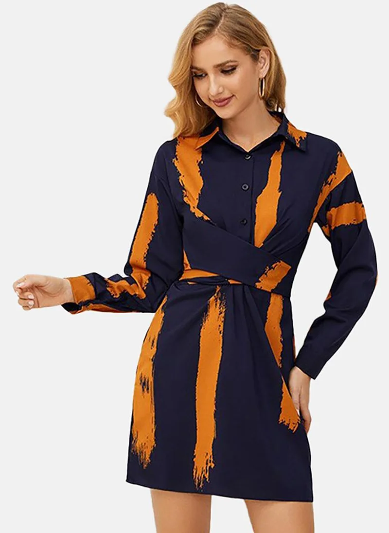 يونيكي Navy Blue & Orange Abstract Printed Shirt Mini Dress