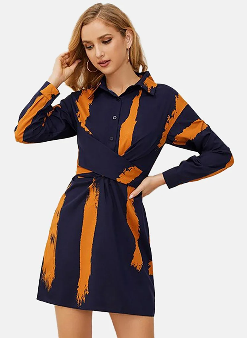 يونيكي Navy Blue & Orange Abstract Printed Shirt Mini Dress