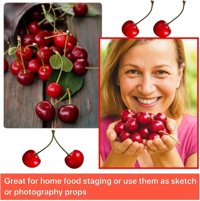 Skylety 50 قطعة كرز مزيف زينة فواكه صناعية حمراء نموذج كرز مزيف لتزيين الحفلات ديكور المنزل خزانة المطبخ دعائم التصوير الفوتوغرافي تفضيلات معرفية (أحمر) - Image 5