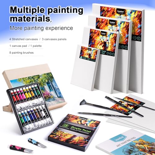 koseibal Acrylic Art Set with 18 Acrylic Paints, 8 Brushes, 4 Stretched Canvas, 1Wooden Easel, Etc, Premium Painting Supplies Kit for Students, Artists Kids, Adults, and Beginner - Image 4