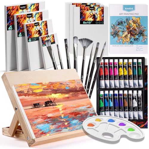 koseibal Acrylic Art Set with 18 Acrylic Paints, 8 Brushes, 4 Stretched Canvas, 1Wooden Easel, Etc, Premium Painting Supplies Kit for Students, Artists Kids, Adults, and Beginner - Image 1