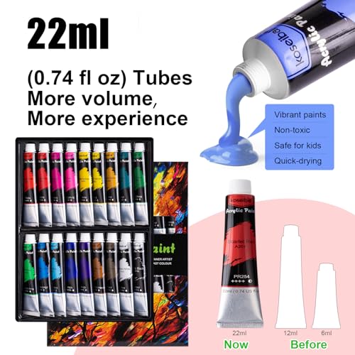 koseibal Acrylic Art Set with 18 Acrylic Paints, 8 Brushes, 4 Stretched Canvas, 1Wooden Easel, Etc, Premium Painting Supplies Kit for Students, Artists Kids, Adults, and Beginner - Image 3