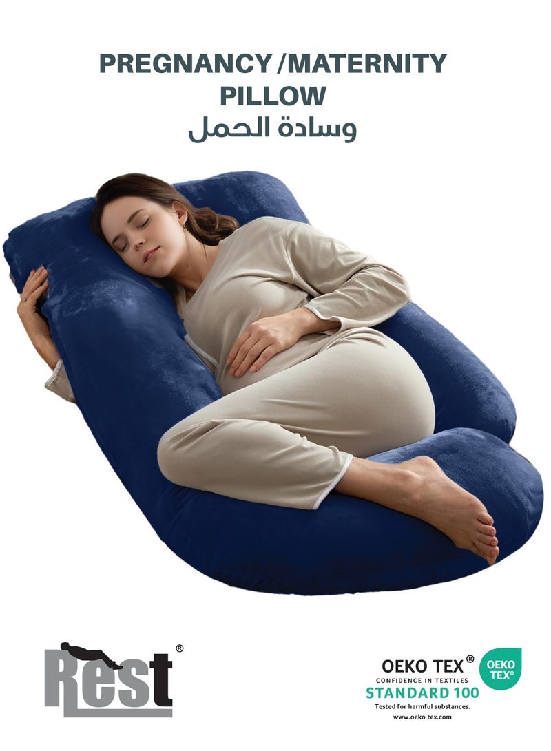 Rest Premium Velvet G Shaped Pregnancy Pillow  70x140cm  Maternity Full Body Pillow For Pregnant Women for Back , Hip , Neck and Knee Support with Removal Cover , Blue - Image 1