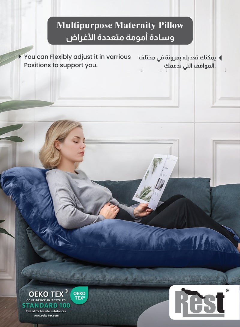 Rest Premium Velvet G Shaped Pregnancy Pillow  70x140cm  Maternity Full Body Pillow For Pregnant Women for Back , Hip , Neck and Knee Support with Removal Cover , Blue - Image 4