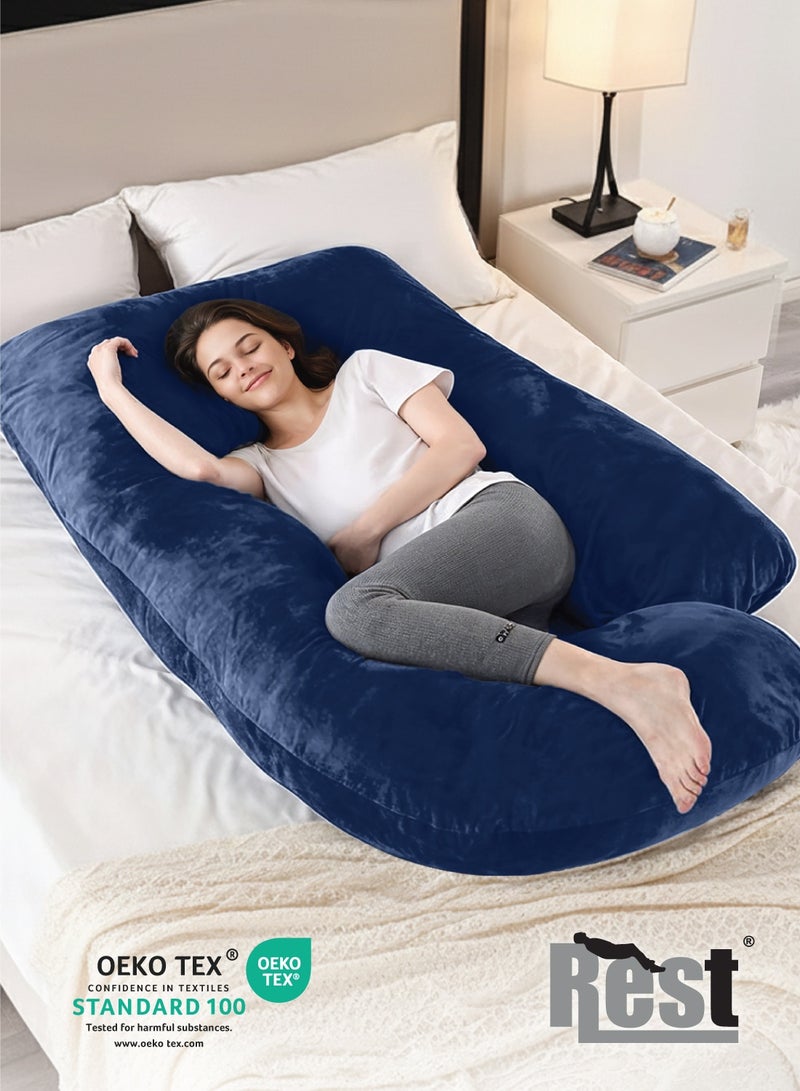 Rest Premium Velvet G Shaped Pregnancy Pillow  70x140cm  Maternity Full Body Pillow For Pregnant Women for Back , Hip , Neck and Knee Support with Removal Cover , Blue - Image 2