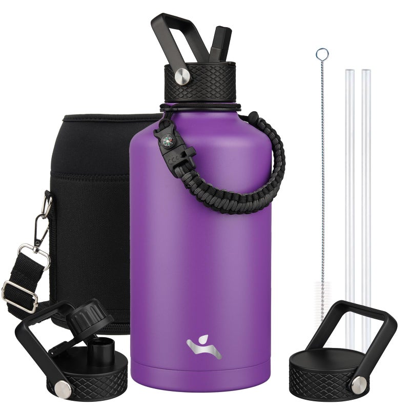 Konokyo Insulated Water Bottle with Straw87 oz 3 Lids Water Jug with Carrying BagParacord HandleDouble Wall Vacuum Stainless Steel Metal FlaskPurple