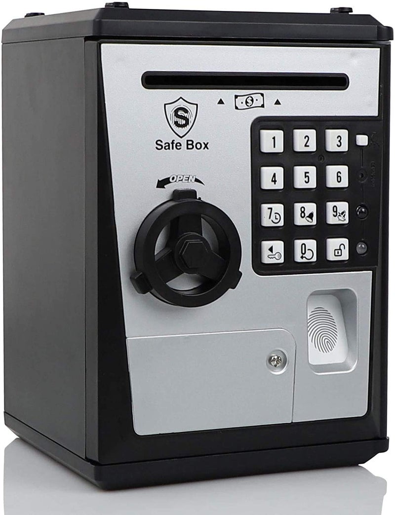 Toy Safe Box Electronic ATM Piggy Bank Money Coin Savings Bank Finger Print Scanner Lock Great Gift for Children Kids SilverBlack