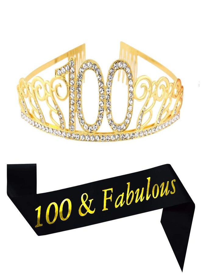 Mayin 100th Brithday Gold Tiara and Sash, Glitter Satin 100 & Fabulous Sash and Crystal Rhinestone Birthday Crown for Happy 100th Birthday Party Supplies Favors Decorations 100th Birthday Cake Topper - Image 2