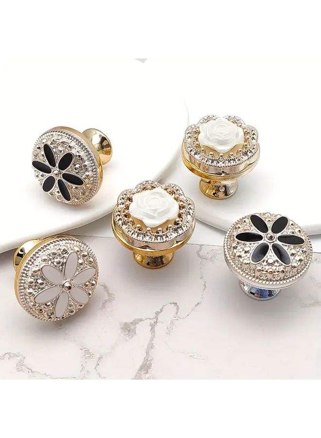 Golden ABS Floral Handles with White Rose Design Sparkling Crystals 30x29mm Includes Screws - Image 1