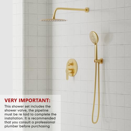 Gabrylly Gold Shower Head System, Shower Faucet Set with Pressure Balance Shower Valve, 10 Inch Shower Heads with 5-Setting handheld Spray Combo, High Pressure Shower Fixtures, Brushed Gold - Image 3