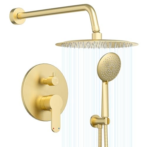 Gabrylly Gold Shower Head System, Shower Faucet Set with Pressure Balance Shower Valve, 10 Inch Shower Heads with 5-Setting handheld Spray Combo, High Pressure Shower Fixtures, Brushed Gold - Image 1