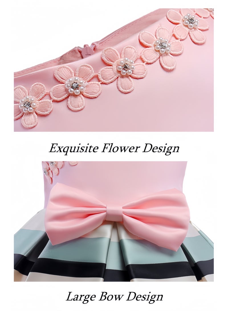 هالامودو فستان زهري للفتيات بتصميم زهري مخطط، فستان رفلز للأطفال الصغار، فستان حفلات تنكرية برباط عنق، فستان مناسبات خاصة للحفلات والباليه - Image 4