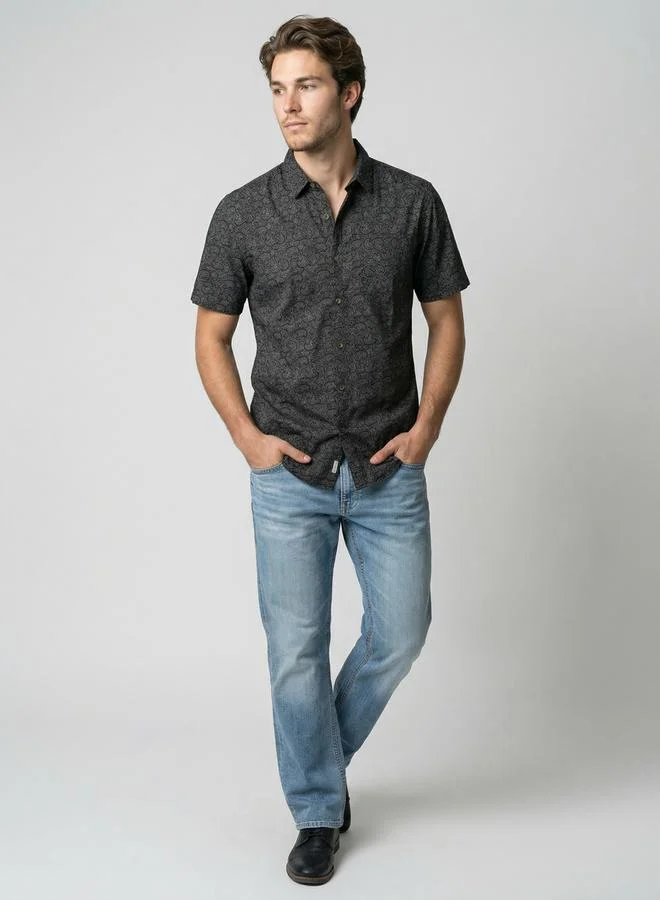 Take Two Men Black Paisley Print Short Sleeve Shirt By SNX
