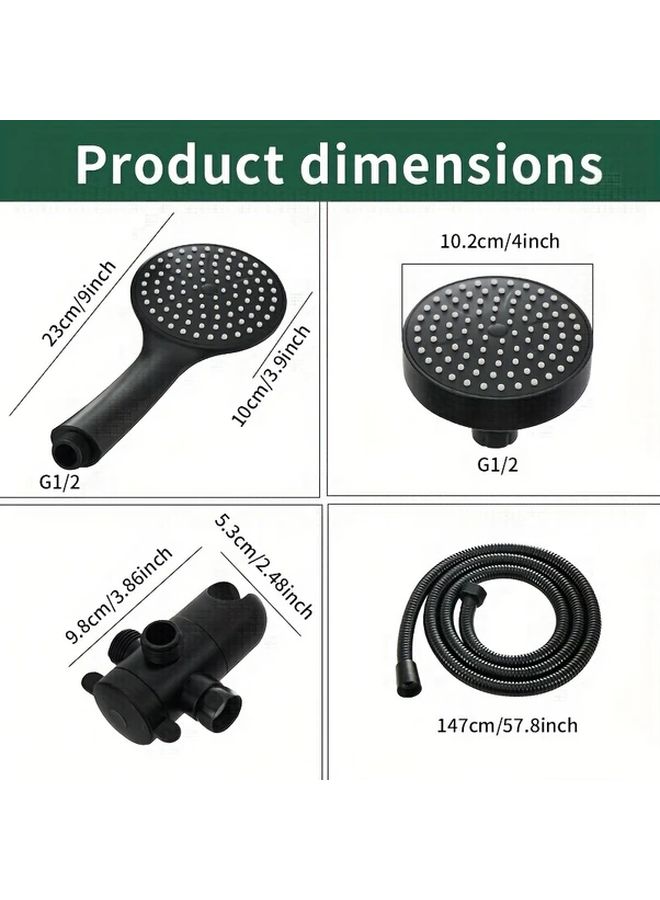 Black High Flow Rain Shower Head with Handheld Set 3 Way Diverter and Long Hose - Image 3