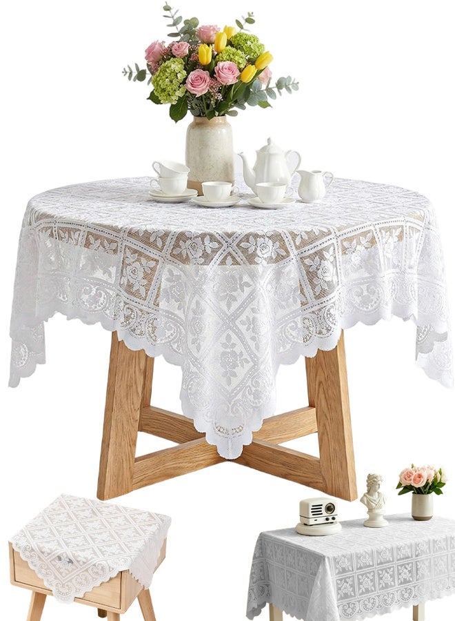 Lace Tablecloth 90 x 90cm Square White Lace Tablecloth For Wedding Rectangle Tables, Vintage Elegant Boho Laces Fabric For Coffee Table Tea Party Home Dining Decor - Image 1