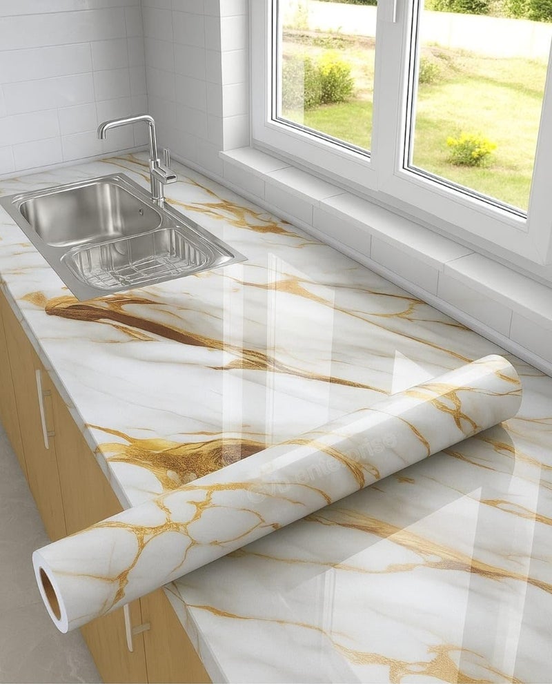 REZOVA Premium Waterproof DIY Wallpaper & Wall Stickers for Home & Kitchen Countertop Furniture | Oil Proof Kitchen Stickers | Size(60x200cm) (White Gold) - Image 1