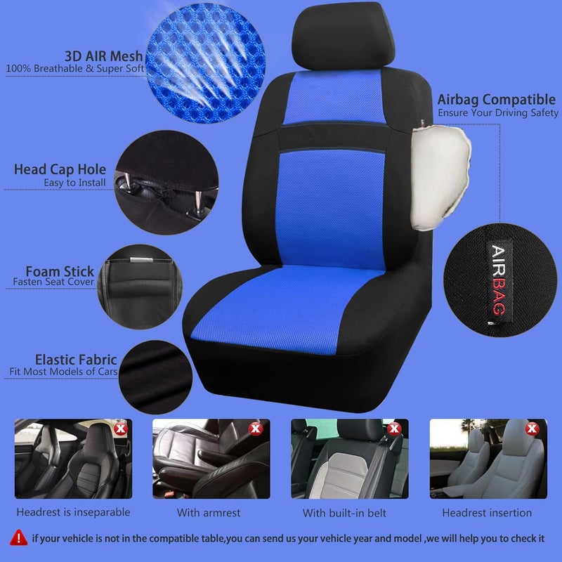 CAR PASS Rainbow Universal Fit 3D Air Mesh Car Seat Cover Set (Black Blue) - Image 3