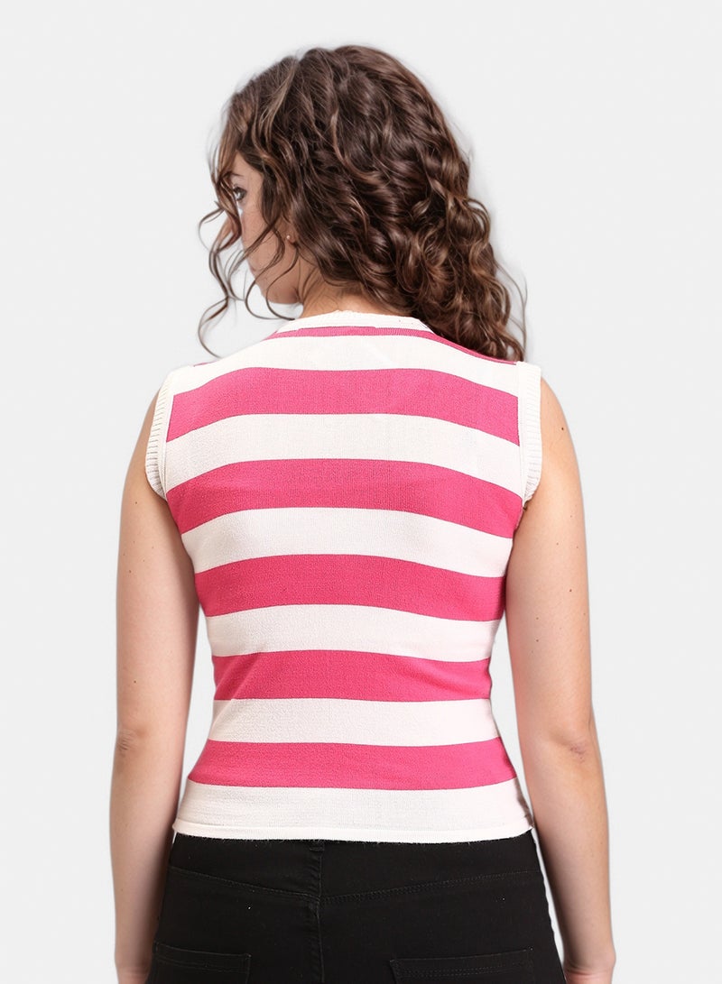 RAVIN Women Awning Stripes Sleeveless Summer Top Fuchsia White - Image 2