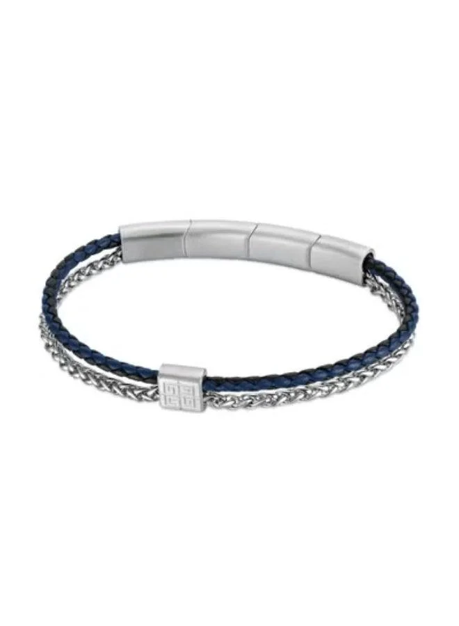 Guy Laroche Charlie Dual Braided Blue Leather and Silver Chain Bracelet for Men 200mm