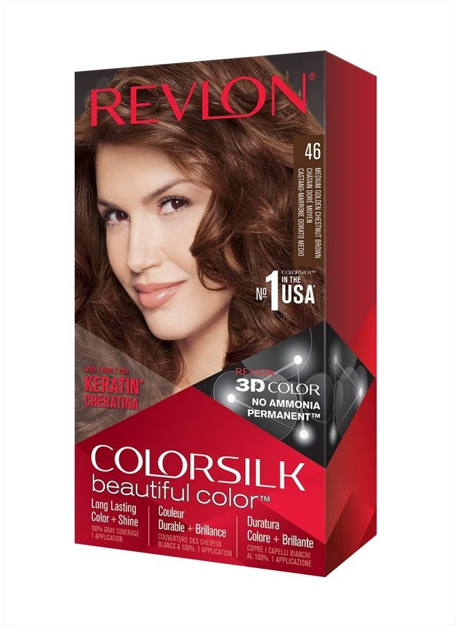 Revlon Permanent Hair Color by Revlon, Permanent Hair Dye, Colorsilk with 100% Gray Coverage, Ammonia-Free, Keratin and Amino Acids, 46 Medium Golden Chestnut Brown, 4.4 Oz (Pack of 1) - Image 1