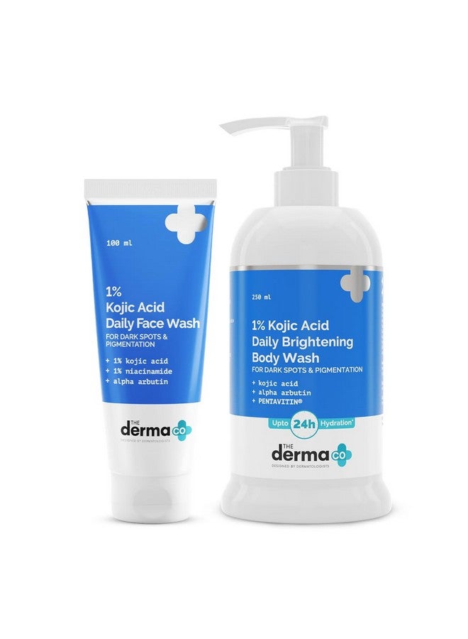 The Derma Co No More Pigmentation Combo with 1% Kojic Acid (1% Kojic Acid Face Wash with Niacinamide & Alpha Arbutin - 100ml & 1% Kojic Acid Daily Brightening Body Wash with Alpha Arbutin - 250ml)|Deeply Cleanses | Treats Pigmentation - Image 1