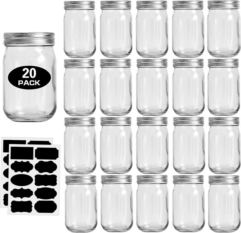 Rainforce 12oz Glass Jars With Lids Regular Mouth 20 Pack -Mason Jars 12 oz For Crafts, Meal Prep, Canning Jars For Food Storage Frascos De Vidrio Con Tapa Para Conservas-with 20 Chalkboard Stickers-Silver Lid - Image 1