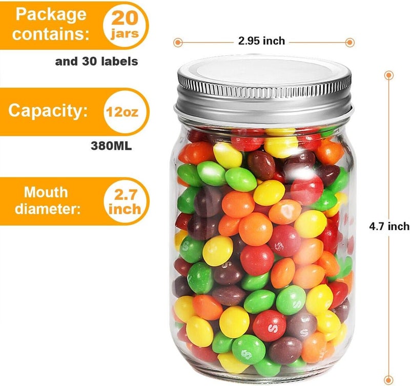 Rainforce 12oz Glass Jars With Lids Regular Mouth 20 Pack -Mason Jars 12 oz For Crafts, Meal Prep, Canning Jars For Food Storage Frascos De Vidrio Con Tapa Para Conservas-with 20 Chalkboard Stickers-Silver Lid - Image 4