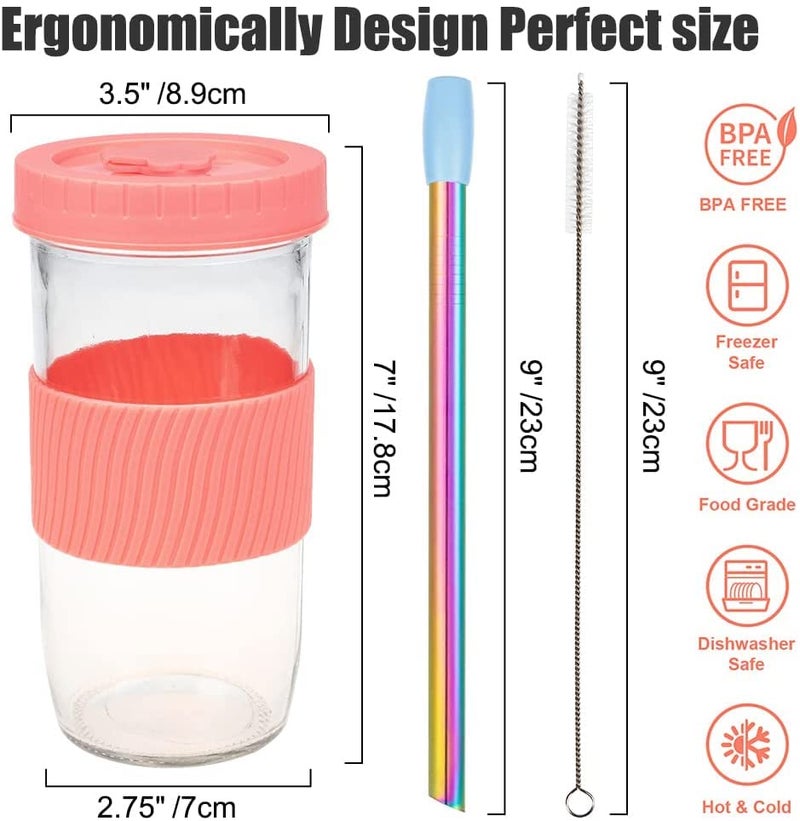 UHAPEER 2 Pack Reusable Tea Cups, 24oz Glass with Lids and Straws, Silicone Sleeves, Ideal for Boba, Coffee, Smoothies and Juicing - Image 2