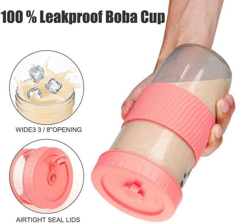 UHAPEER 2 Pack Reusable Tea Cups, 24oz Glass with Lids and Straws, Silicone Sleeves, Ideal for Boba, Coffee, Smoothies and Juicing - Image 4