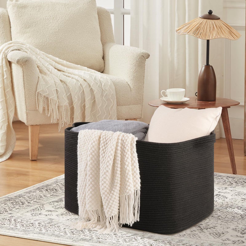 OIASKET 118L Extra Large Blanket Basket, 24.8" x 17.7" x 17.2" Woven Storage Basket for Living Room, Rectangle Nursery Blanket Storage for Toys, Towels, Dirty Clothes (Black) - Image 3