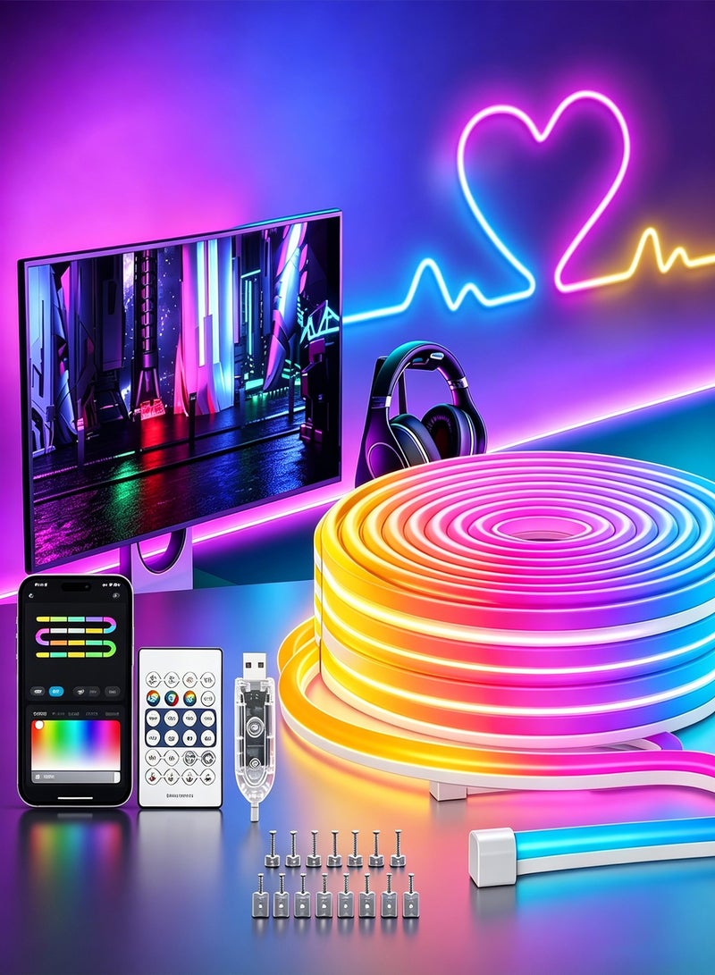 دراكلاو شريط إضاءة LED نيون RGB بطول 5 أمتار - 16 مليون لون، تحكم عبر التطبيق وجهاز التحكم عن بُعد، مزامنة مع الموسيقى، مؤقت، حبل إضاءة مرن ومقاوم للماء؛ مثالي للغرف، ومناطق الألعاب، والحفلات، والديكورات اليدوية. - Image 1
